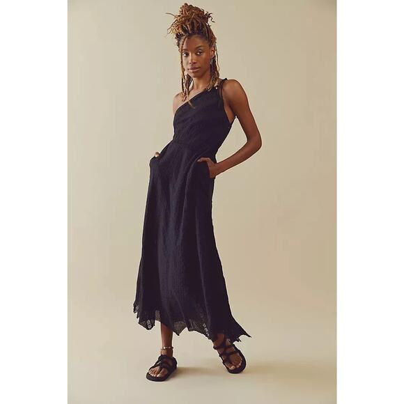 Free People Bella Maxi Dress One Shoulder Embroidered Black - M - Picture 1 of 8